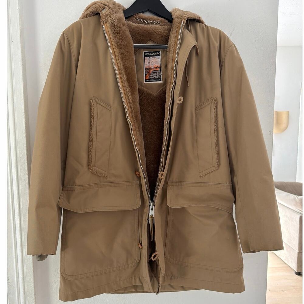 Vintage Mighty Mac Coat Jacket Fleece Lined Overcoat Tan USA Made size L
